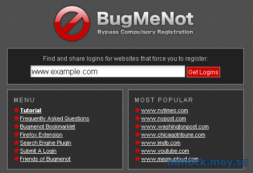 Скриншот сайта Bugmenot.com